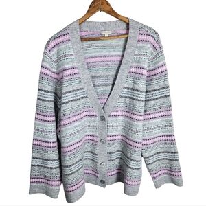 Talbots Fair Isle Inspired Gray and Pink Cardigan, Size 3X